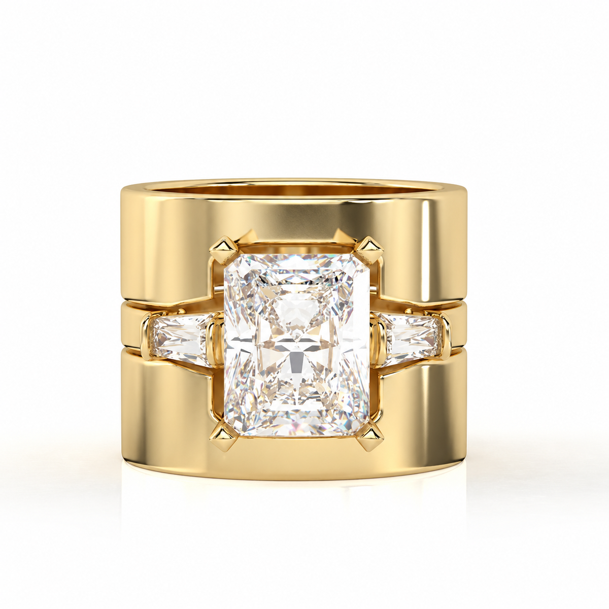 A large rectangular clear centre and two smaller side accents bridge a wide polished yellow-coloured band.