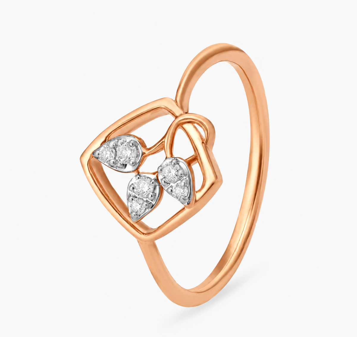 Three pear-shaped clear accents sit within an open, softly squared rose-coloured frame.