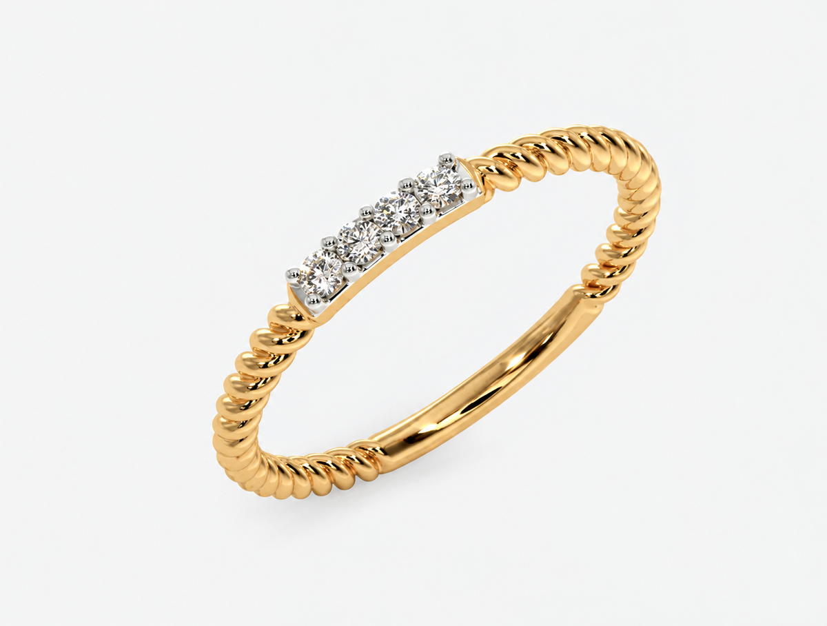 A textured twisted band meets a short raised line of clear accents.